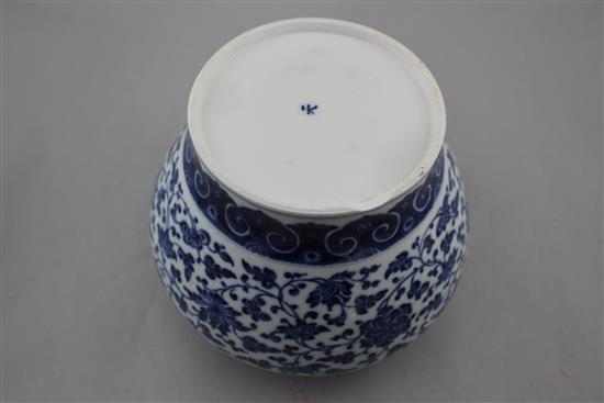 A Chinese blue and white Ming style baluster vase, Yongzheng period, 16cm., some damage